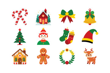 Festive Merry Christmas Vector Bundle Set with Santa Claus, Reindeer, Tree, Elf, Gifts and Holiday Decorative Elements 