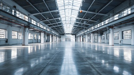 Wide panoramic empty factory, strong light reflections, polished epoxy flooring, skylight ceiling