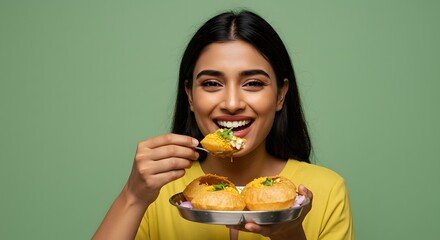 Woman Enjoying Pani Puri, Indian Street Food