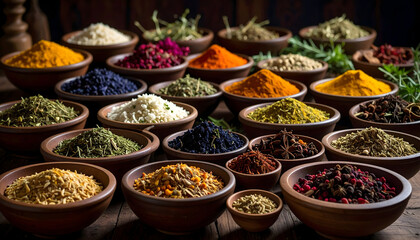 Fototapeta premium Colorful Variety of Spice Powders in Wooden Bowls