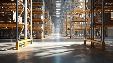 Industrial logistics interior with massive steel racks, cinematic shadows, clean minimal look