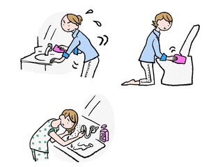 頑張る女性の掃除とシャンプーのシーン