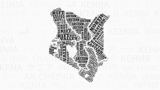 Kenya intro animation. Country with regions illustration video. Background with country names in various languages. Regions of Kenya animation. Creative video.