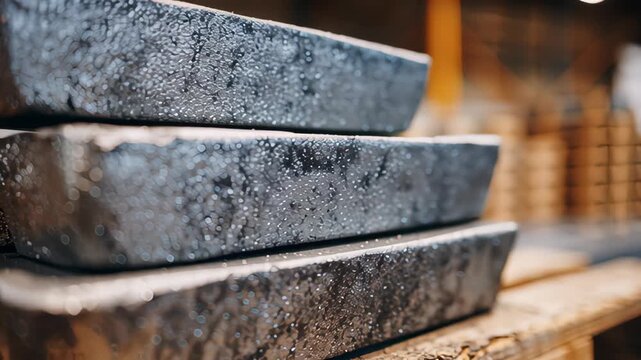Stack of Processed Rare Earth Metals in Industrial Setting with Blurred Background