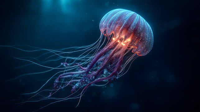 Glowing jellyfish floating in deep ocean, photorealistic underwater photography
