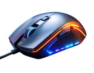 Angled Side View of Wired Gaming Mouse with Glowing RGB Lights, isolated