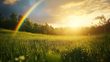 Naklejka premium Scenic Rainbow Over Green Meadow at Sunrise with Sunlight