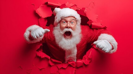 Funny Santa Claus Surprised and Pointing from Torn Background