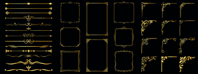 Set of decorative vintage gold frames, ornate floral borders, corner elements and scroll dividers. Elegant Thailand style photo frame vector for pictures and design.