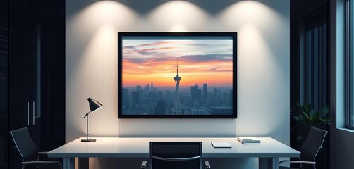Sleek modern office, empty picture frame on wall,  stylish,  business