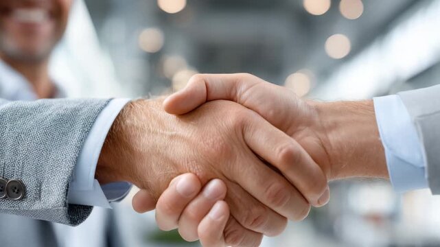 Handshake Deal: A close-up shot of two business people shaking hands, symbolizing agreement, collaboration, and successful negotiation, capturing the essence of a mutually beneficial partnership.
