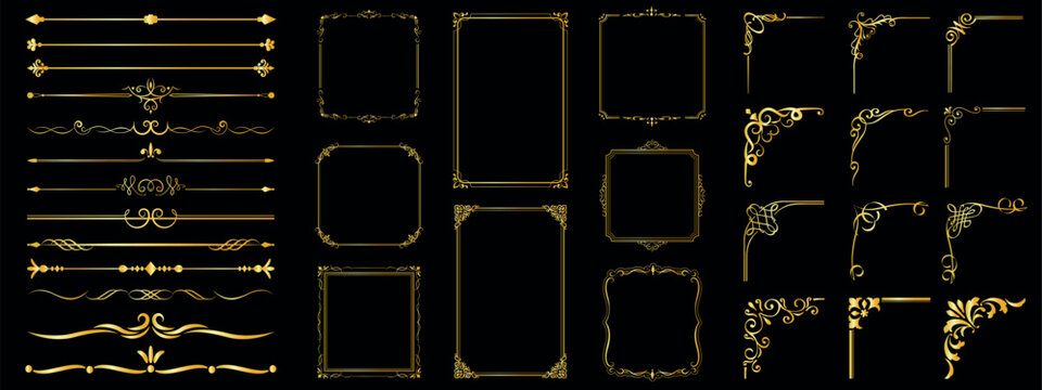 Set of decorative vintage gold frames, ornate floral borders, corner elements and scroll dividers. Elegant Thailand style photo frame vector for pictures and design.