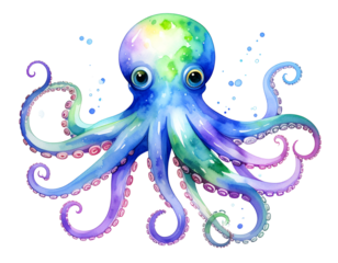  Cartoon Style Squid with Expressive Eyes, Floating Pose, isolated