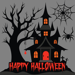Spooky Halloween Illustration Featuring Haunted House Spiderwebs and Tree