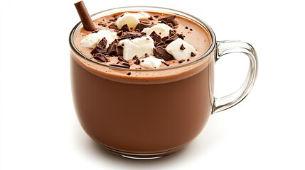 Frothy hot chocolate in glass mug with marshmallows and chocolate shavings on white background