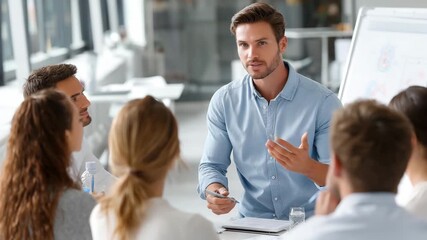 Meeting's Moment: A focused leader engages a collaborative team in a productive business meeting, fostering ideas and driving towards success.
