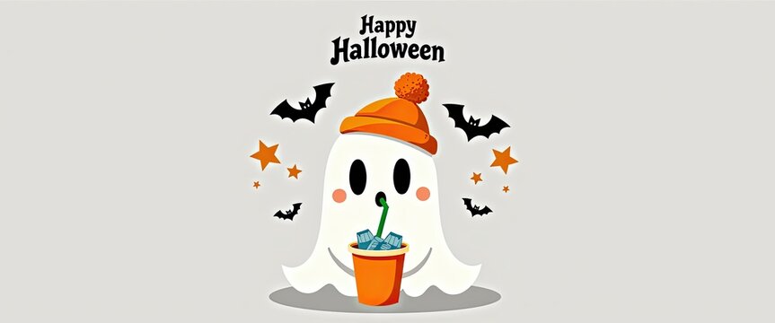 Cute ghost character wearing an orange hat and holding a drink, surrounded by bats and stars, with the text happy halloween above, perfect for holiday celebrations and decorations