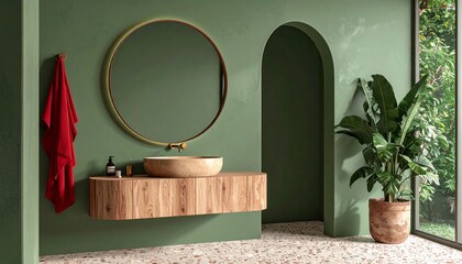 Modern bathroom with sage green walls, floating wood vanity and brass fixtures