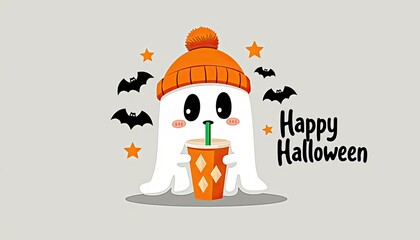 A cute, white ghost character wearing an orange beanie, surrounded by stars and bats, with the text happy halloween on a light grey background, perfect for holiday decorations and designs