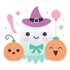 Cute Halloween Ghost with Pumpkins and Balloon