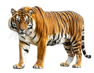 Fototapeta premium Majestic Bengal Tiger Striding Forward, Full Body Front View, Isolated on Transparent Background