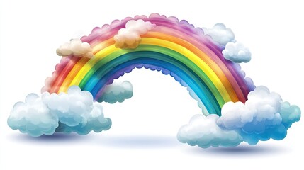Vivid Watercolor Rainbow Arching Over Fluffy Clouds on a White Background