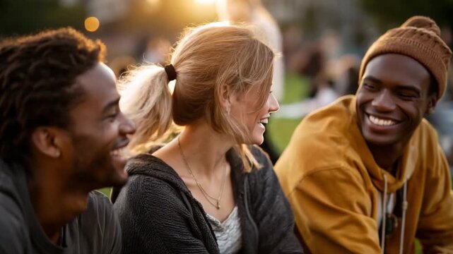 Shared Laughter: A group of friends, bathed in warm sunlight, share genuine smiles and a moment of pure connection. This image exudes happiness and the effortless joy of companionship.