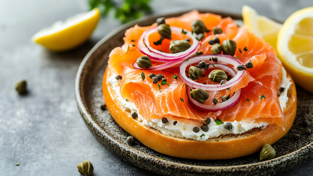 Bagel with cream cheese and smoked salmon topped with capers and red onions