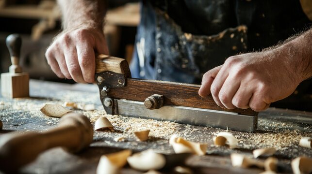 A close-up of hands guiding a jackplane across a plank with focus and precision in a woodworking studio