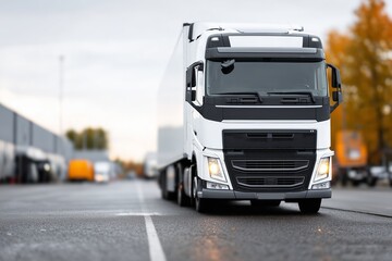 Side view of a white semi truck with trailer driving on a road. Commercial vehicle transportation on highway. Long haul shipping.