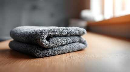 Soft, gray towels folded neatly on a light-colored wooden surface, showcasing a simple yet elegant composition.