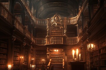 Obraz premium Majestic Renaissance-style library with towering wooden bookshelves, gilded balconies, and warm candlelight glowing across leather-bound books