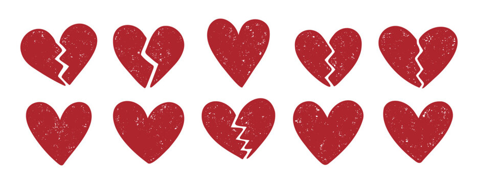 heart and broken heart sketch doodle hand drawn brush textured set. red hearts with texture