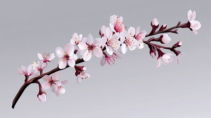 Delicate Cherry Blossom Branch Against a Soft Gray Background, Springtime Beauty