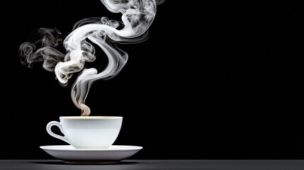 Elegant White Coffee Cup with Swirling Steam Against Black Background