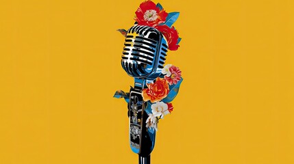 Vintage Microphone Adorned with Colorful Flowers Against a Yellow Background