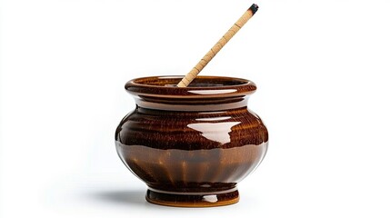 Incense Stick Burning in a Shiny Brown Ceramic Incense Burner