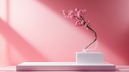 Elegant Pink Cherry Blossom Branch on Minimalist White Pedestal Display