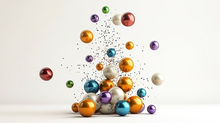 Colorful Metallic Spheres and Confetti Burst
