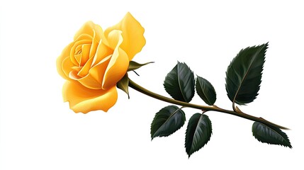 Vivid Yellow Rose with Detailed Petals and Dark Green Leaves on White Background