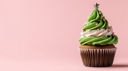 Festive Christmas Tree Cupcake with Green Frosting and Star Topper on Pink Background