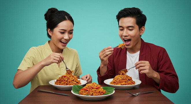Happy Asian Couple Enjoying Noodle Dish Together