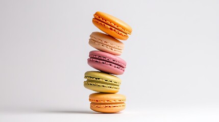 Stacked colorful macarons on white background, a sweet tower of pastel treats