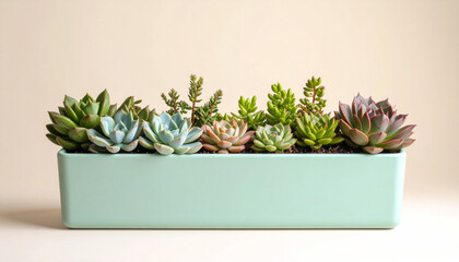 Various colorful succulents are elegantly arranged in a rectangular light green planter against a neutral background.