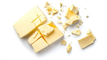 Butter Chunks and Crumbs: A Top-Down View of Dairy Delight on White