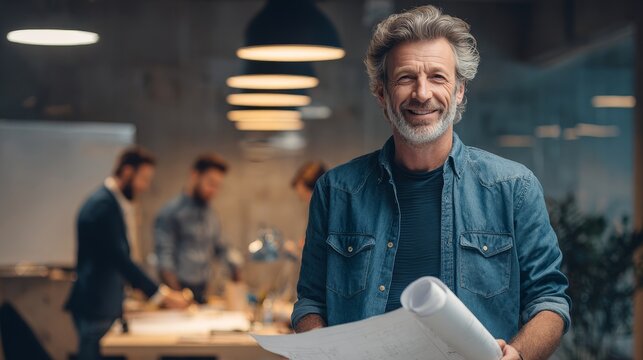 Mature Architect Holding Plans as Team Works on Design Strategy in Contemporary Workspace