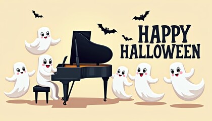 Cute cartoon ghosts dancing and singing around a piano with bats flying in the background, celebrating happy halloween with music and fun