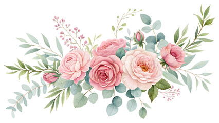 Watercolor floral illustration with pink flowers and eucalyptus PNG. AI GENERATED.
