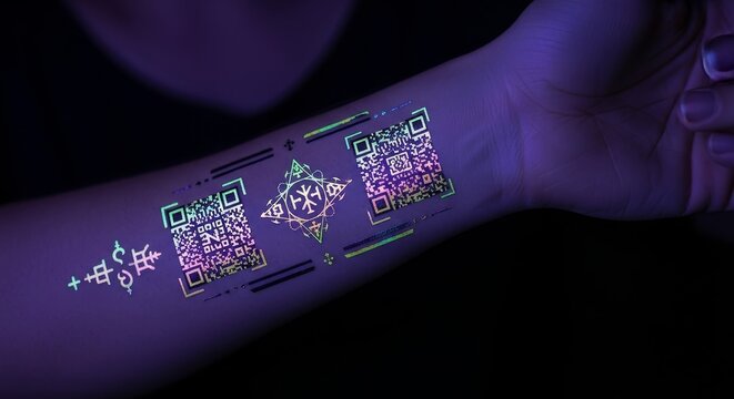 UV Fluorescent QR Codes and Geometric Patterns on Human Skin Under Blacklight - Powered by Adobe