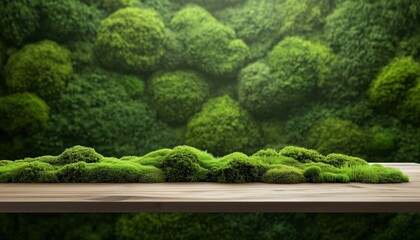 Moss-Covered Wooden Table And Green Wall: Eco-Friendly Plant Platform For Product Display In A Mossy Meadow Studio